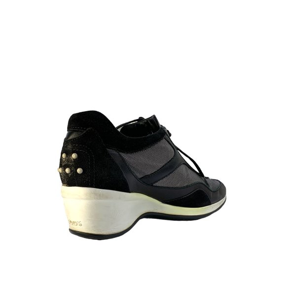 TOD'S BLACK Suede Leather White Mesh Lace-Up Heel Sneakers - Picture 9 of 11